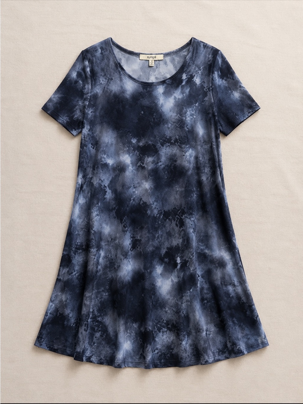 Sympli Canada Blue Gray Abstract Print Swing Trapeze Dress Size 12 Stretch Knit